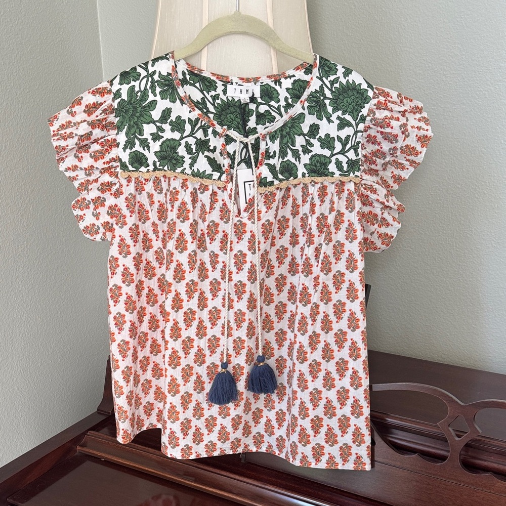 THML Floral Blouse with Green and Red Accents & tie with blue tassels